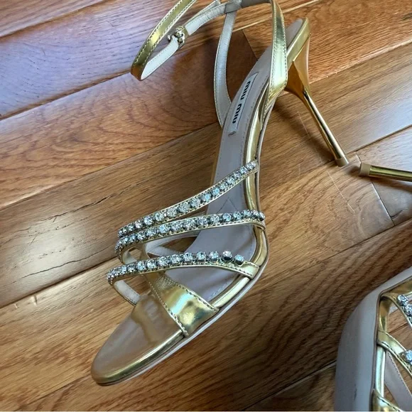 Pre-owned Miu Miu Gold Crystal Embellished Heels 38.5 - Picture 8 of 13